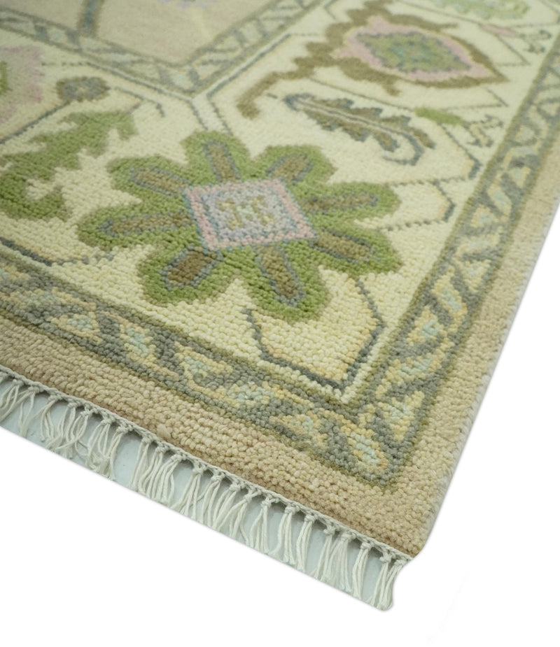 Custom Made Beige and Green Hand Knotted Traditional Oriental Oushak wool area rug - The Rug Decor