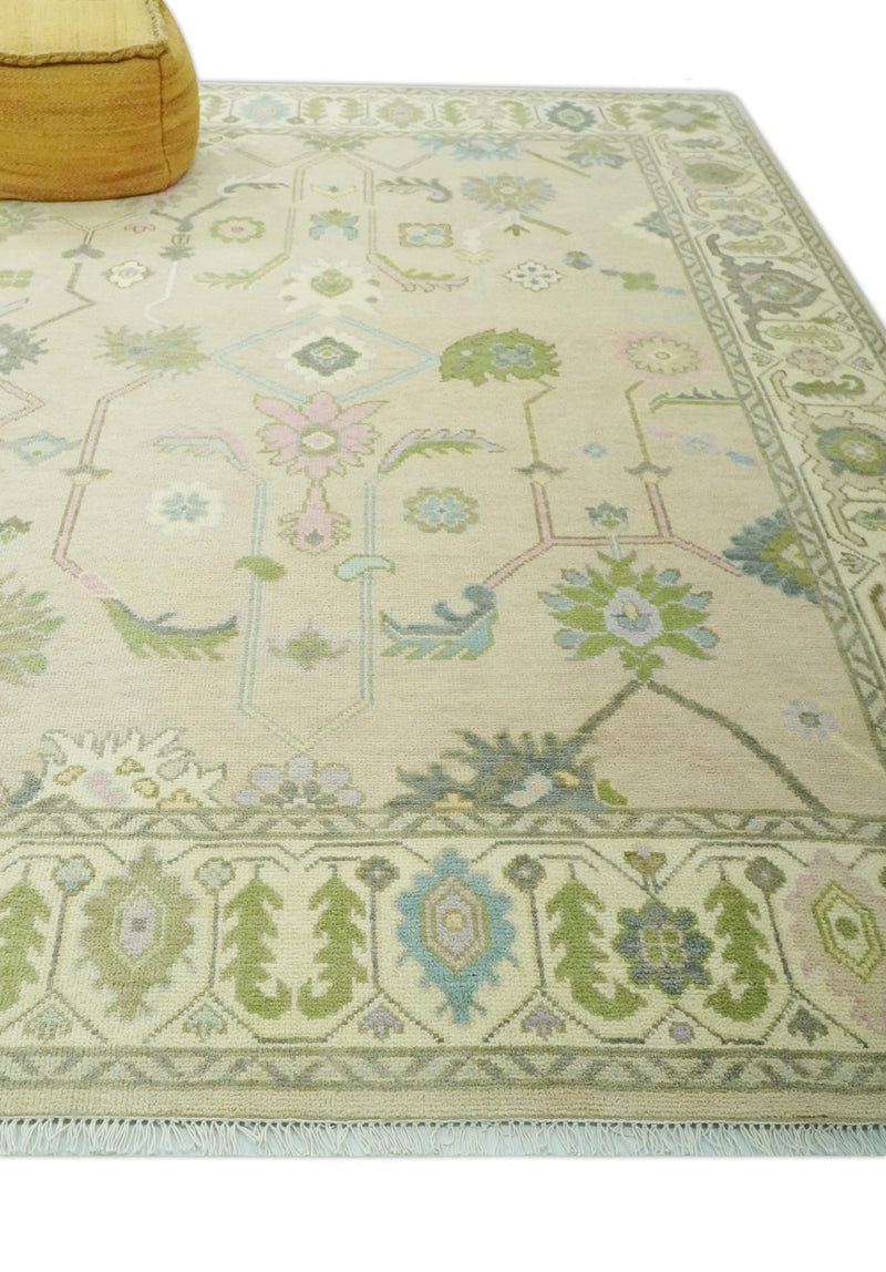 Custom Made Beige and Green Hand Knotted Traditional Oriental Oushak wool area rug - The Rug Decor