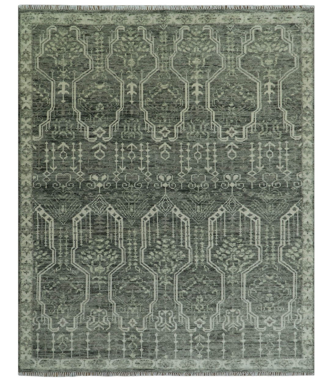 Custom Made Beige And Green Modern Geometrical Design Hand Knotted wool rug - The Rug Decor