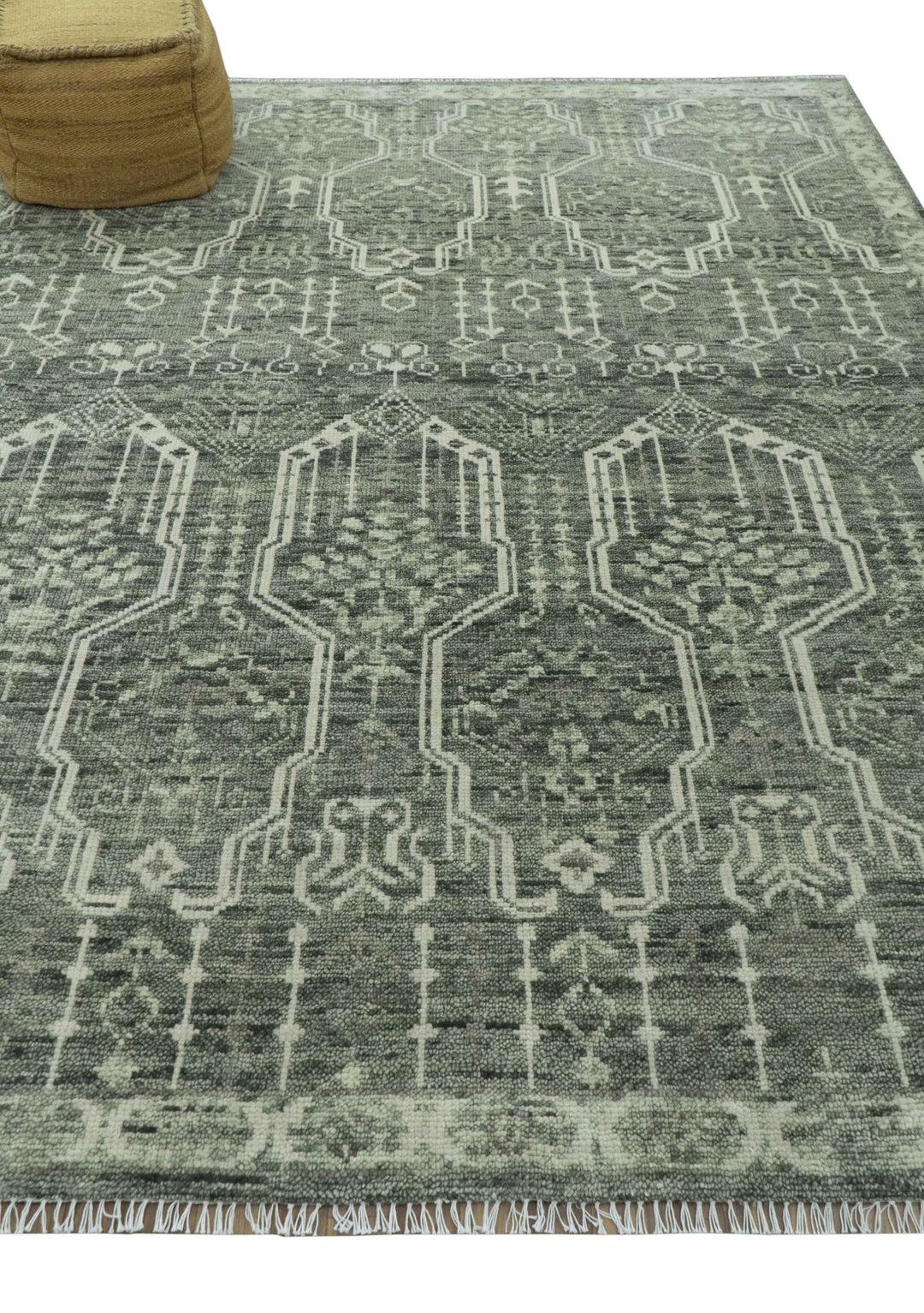 Custom Made Beige And Green Modern Geometrical Design Hand Knotted wool rug - The Rug Decor