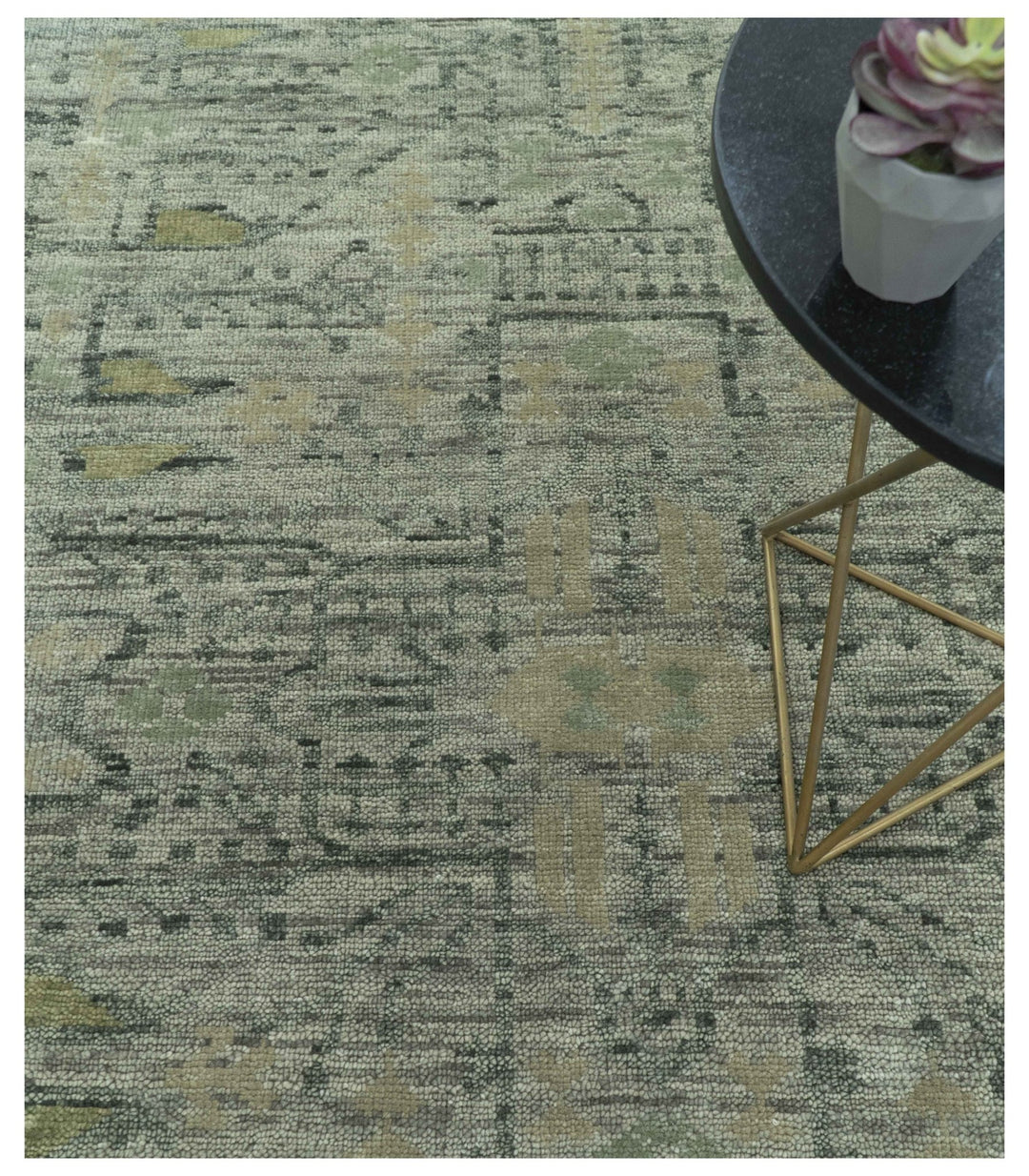 Custom Made Beige And Green Modern Geometrical Design Hand Knotted wool rug - The Rug Decor