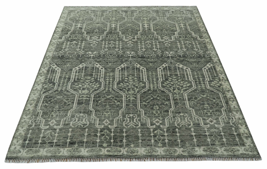 Custom Made Beige And Green Modern Geometrical Design Hand Knotted wool rug - The Rug Decor