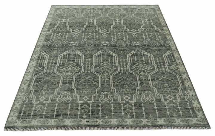 Custom Made Beige And Green Modern Geometrical Design Hand Knotted wool rug - The Rug Decor
