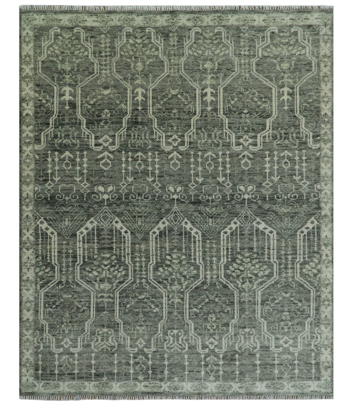 Custom Made Beige And Green Modern Geometrical Design Hand Knotted wool rug - The Rug Decor
