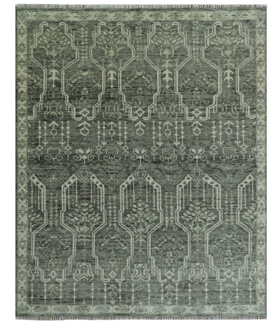 Custom Made Beige And Green Modern Geometrical Design Hand Knotted wool rug - The Rug Decor
