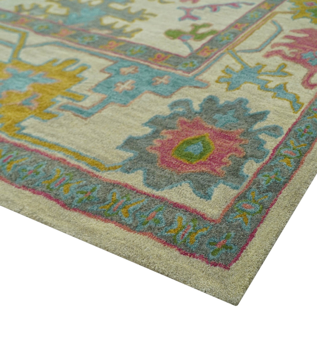 Custom Made Beige And Green Traditional Oushak Design Hand Tufted Wool Rug - The Rug Decor