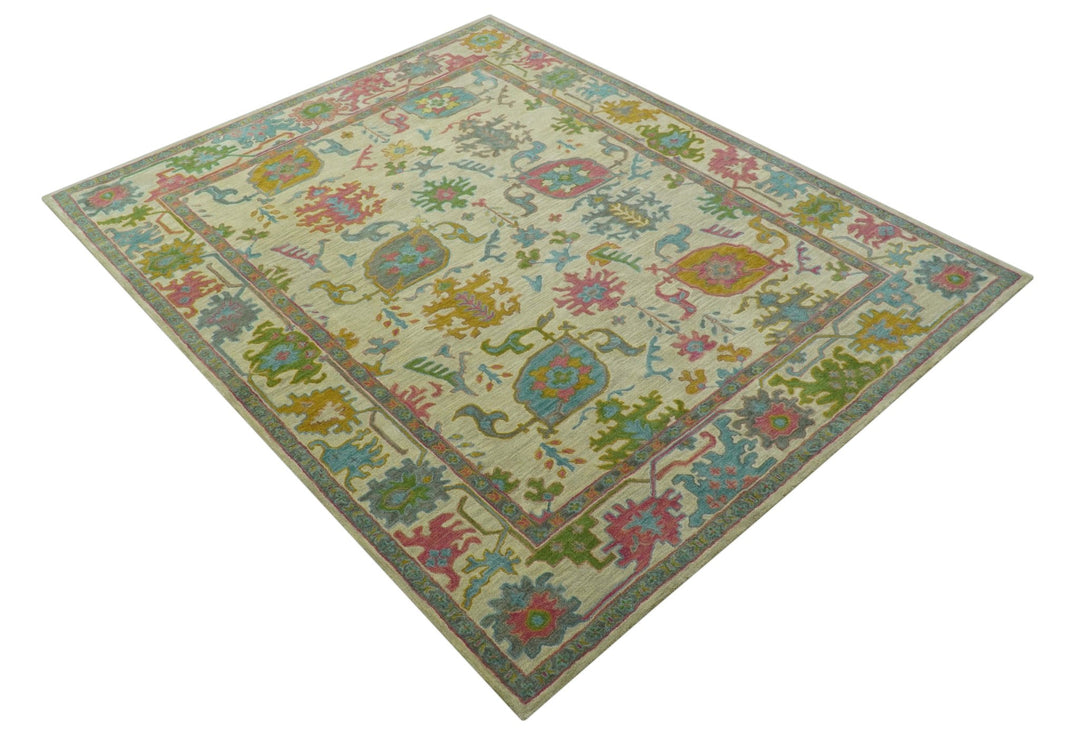 Custom Made Beige And Green Traditional Oushak Design Hand Tufted Wool Rug - The Rug Decor