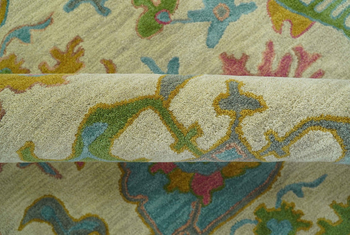 Custom Made Beige And Green Traditional Oushak Design Hand Tufted Wool Rug - The Rug Decor
