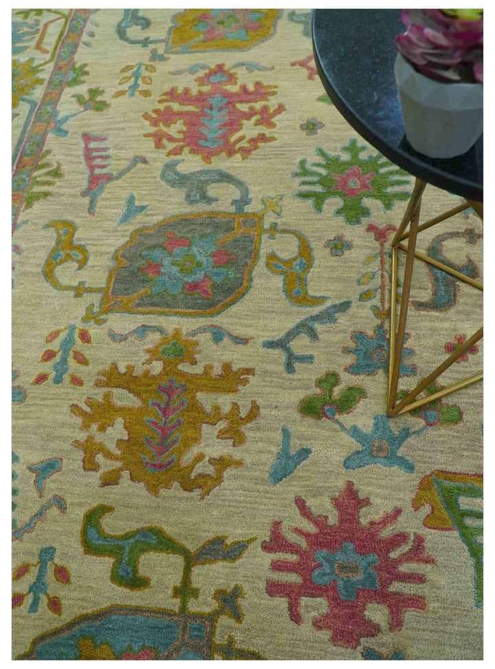 Custom Made Beige And Green Traditional Oushak Design Hand Tufted Wool Rug - The Rug Decor