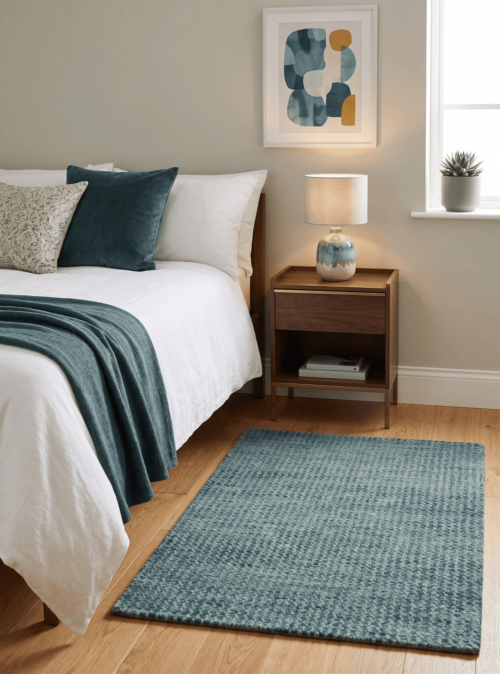 Custom Made Beige and Shades of Blue Stripes Design Contemporary wool area Rug - The Rug Decor