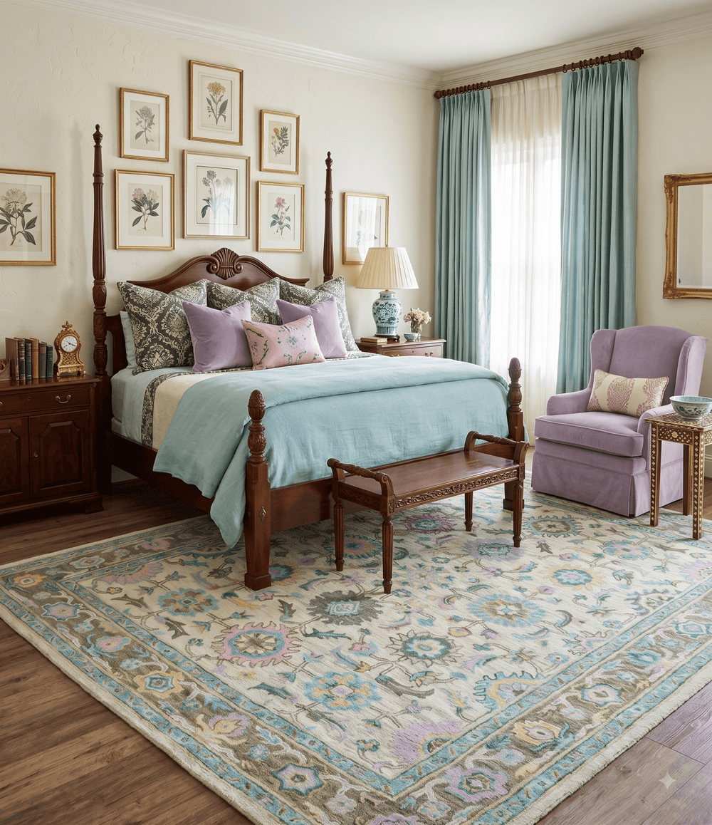 Custom Made Beige, Blue and Purple Traditional Floral Hand Tufted wool rug - The Rug Decor
