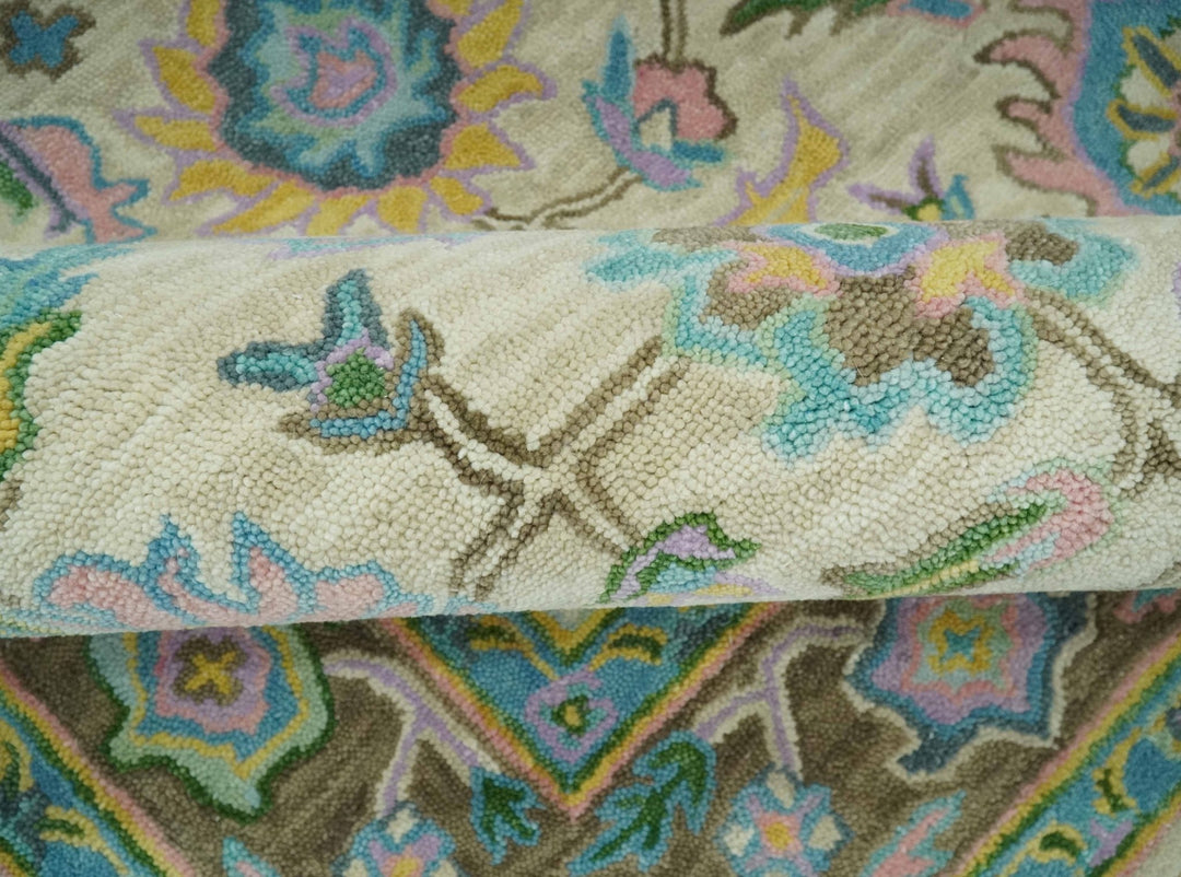 Custom Made Beige, Blue and Purple Traditional Floral Hand Tufted wool rug - The Rug Decor