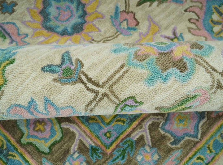 Custom Made Beige, Blue and Purple Traditional Floral Hand Tufted wool rug - The Rug Decor