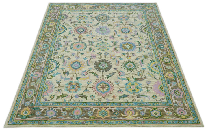 Custom Made Beige, Blue and Purple Traditional Floral Hand Tufted wool rug - The Rug Decor