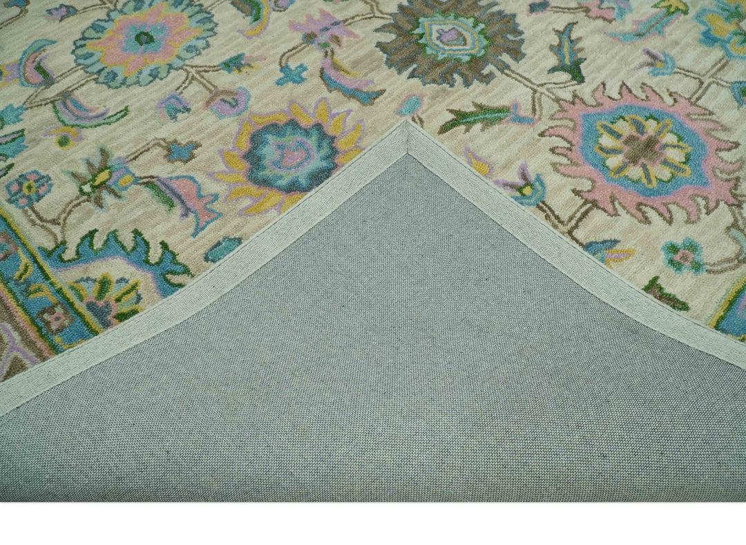 Custom Made Beige, Blue and Purple Traditional Floral Hand Tufted wool rug - The Rug Decor