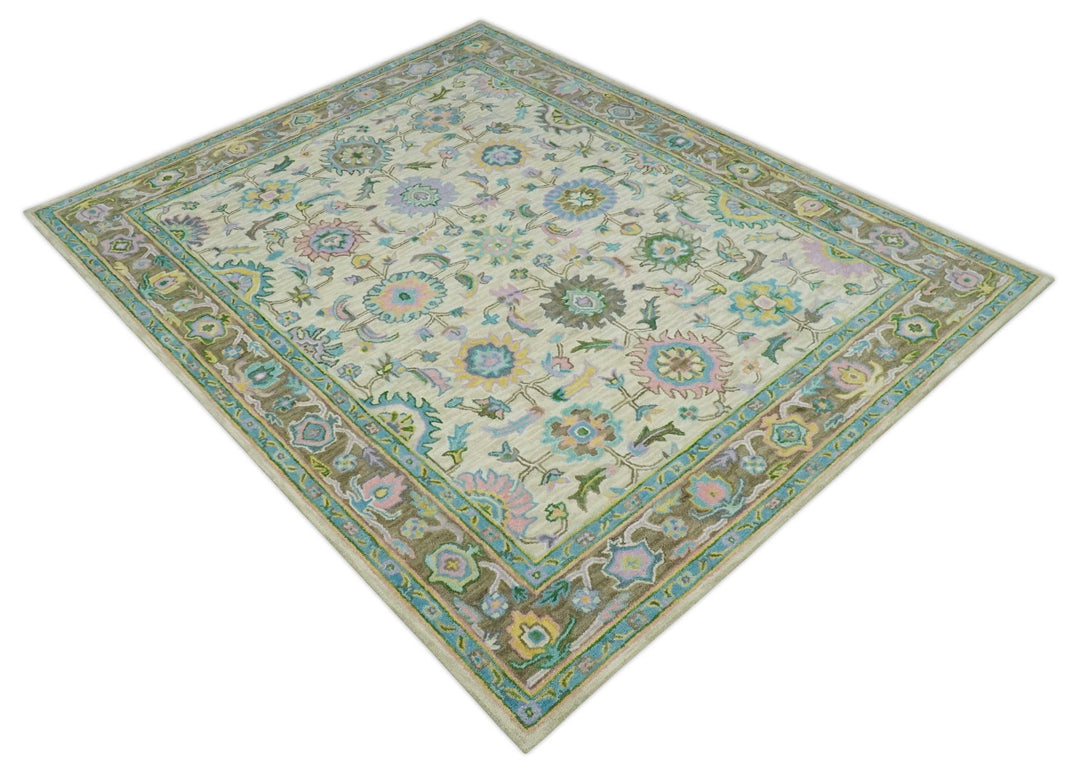 Custom Made Beige, Blue and Purple Traditional Floral Hand Tufted wool rug - The Rug Decor