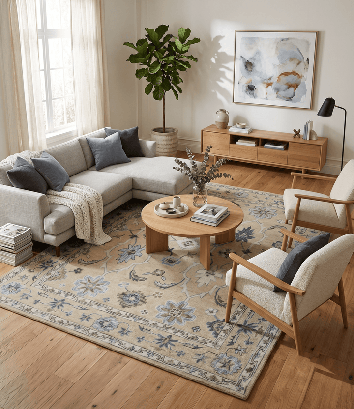 Custom Made Beige, Ivory and Blue Hand Tufted Floral Oriental Oushak wool area rug - The Rug Decor