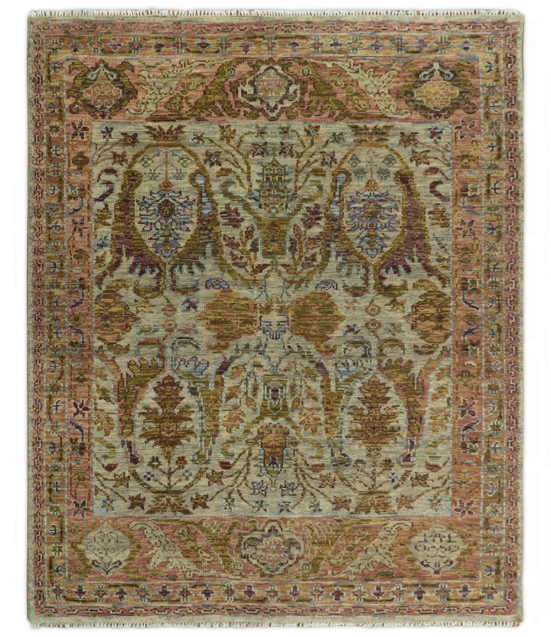 Custom Made Beige, Peach And Green Transition Hand Knotted wool rug - The Rug Decor