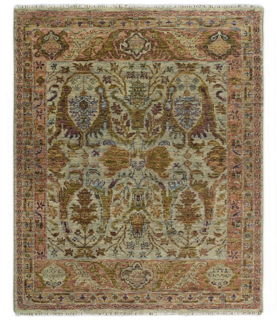 Custom Made Beige, Peach And Green Transition Hand Knotted wool rug - The Rug Decor