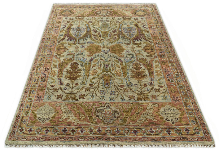 Custom Made Beige, Peach And Green Transition Hand Knotted wool rug - The Rug Decor