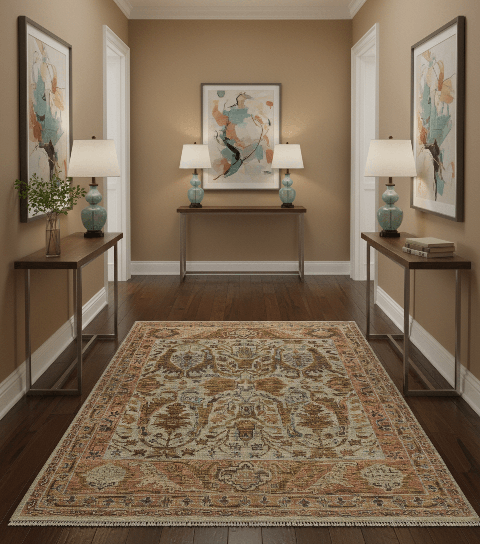 Custom Made Beige, Peach And Green Transition Hand Knotted wool rug - The Rug Decor