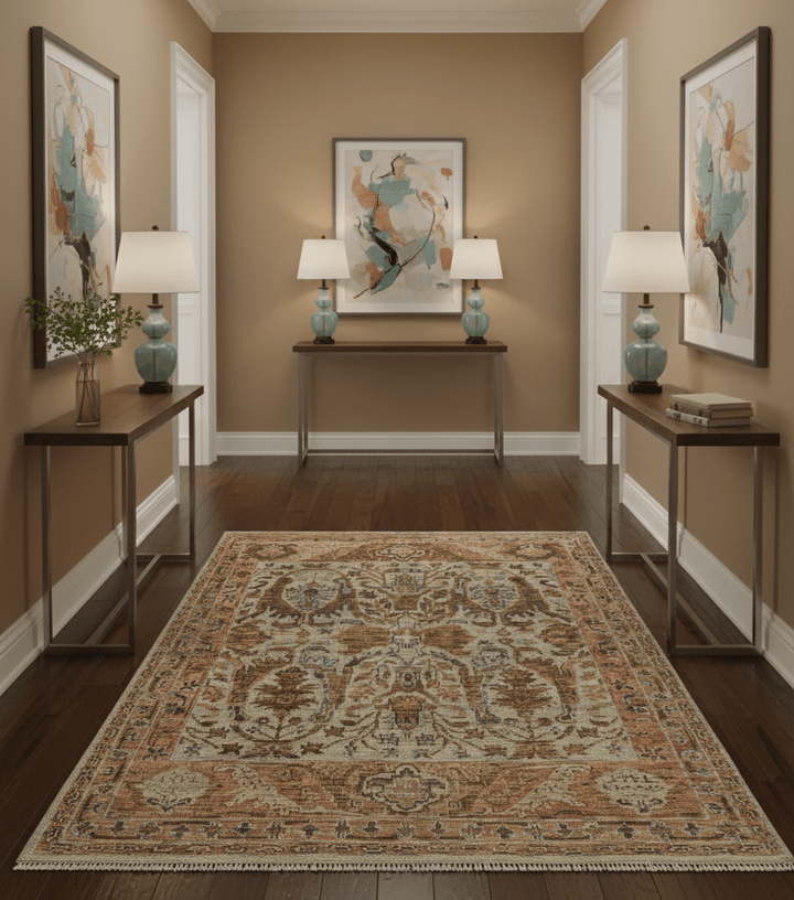 Custom Made Beige, Peach And Green Transition Hand Knotted wool rug - The Rug Decor