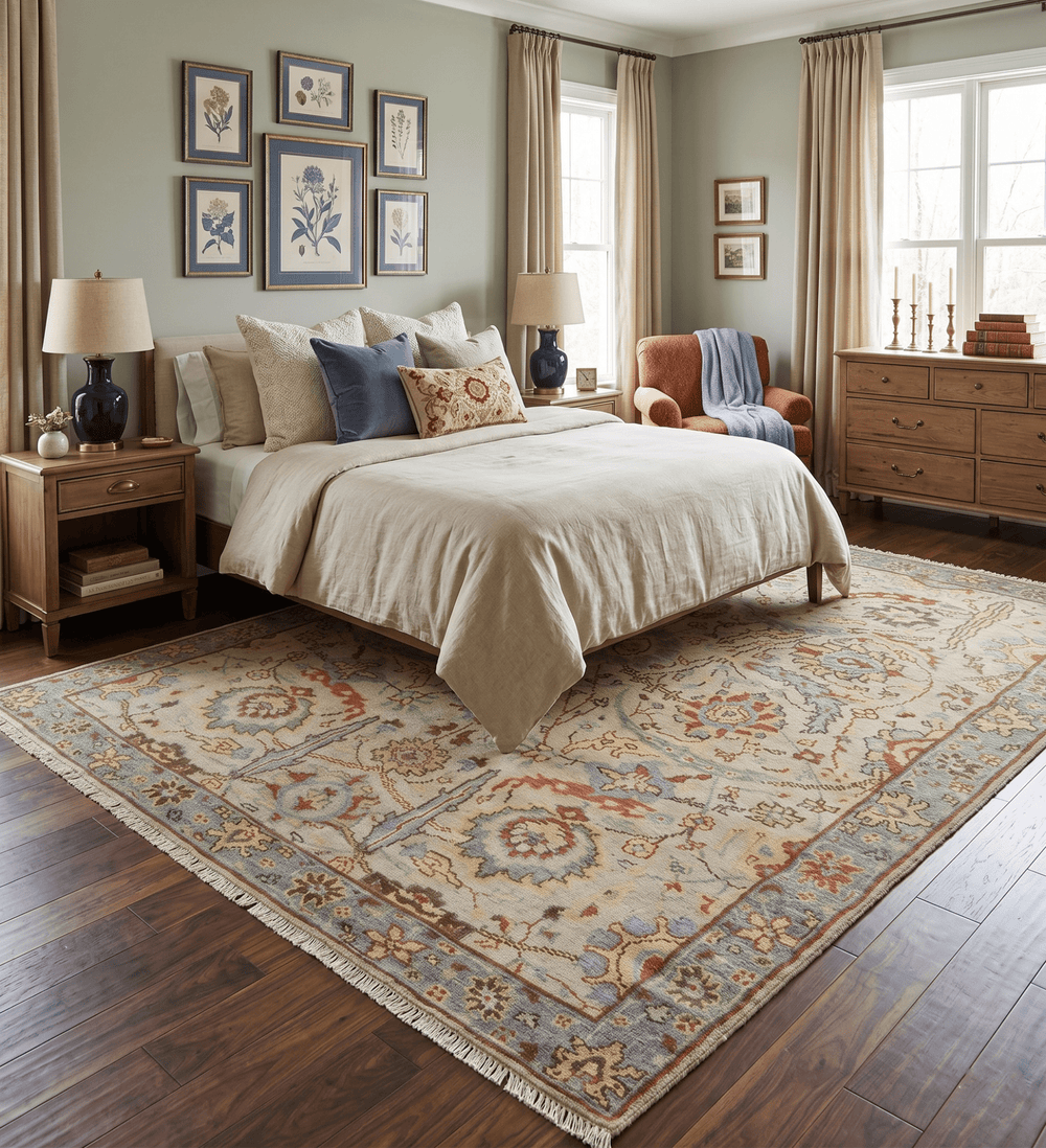 Custom Made Beige, Rust and Blue Traditional Style Hand Knotted Wool Area Rug - The Rug Decor