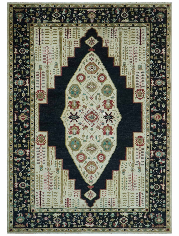 Custom Made Black And Ivory Traditional Serapi Design Hand Knotted Wool Rug - The Rug Decor