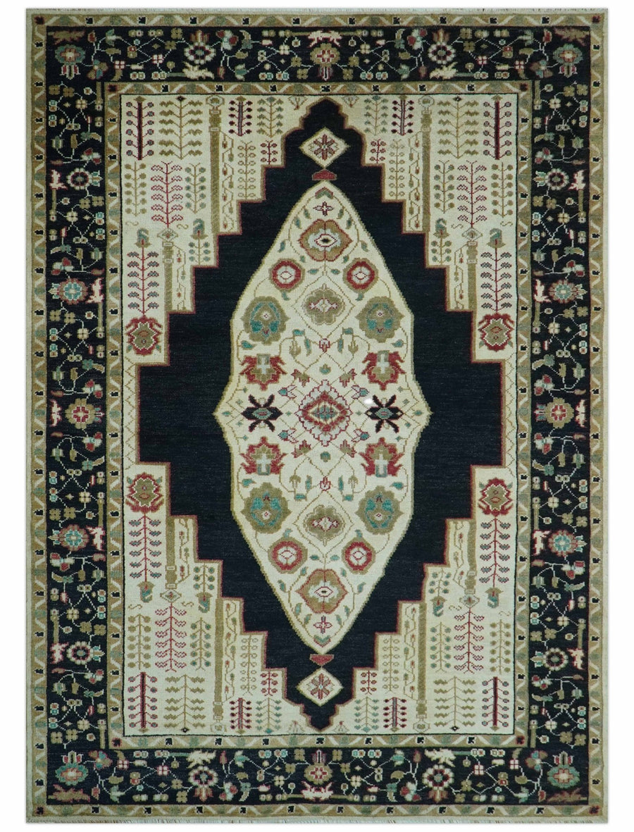Custom Made Black And Ivory Traditional Serapi Design Hand Knotted Wool Rug - The Rug Decor