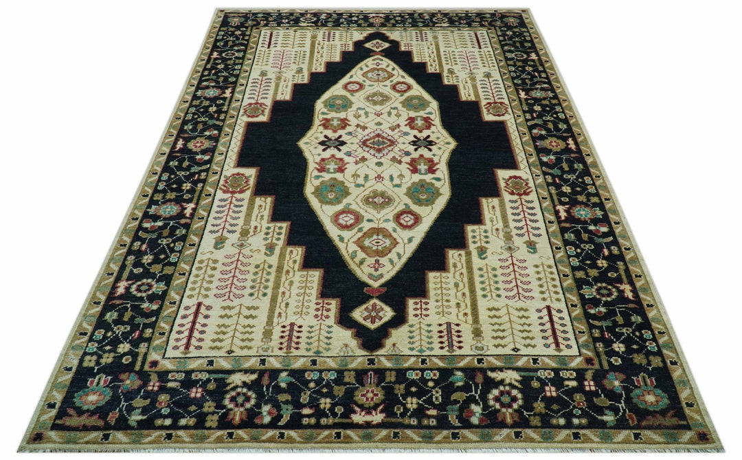 Custom Made Black And Ivory Traditional Serapi Design Hand Knotted Wool Rug - The Rug Decor