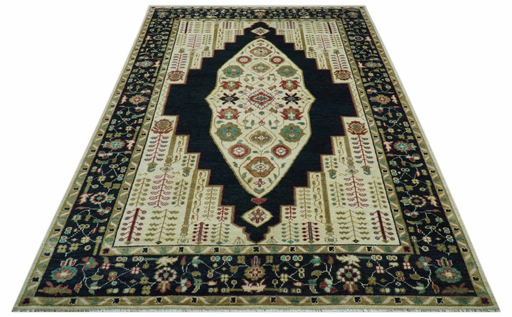 Custom Made Black And Ivory Traditional Serapi Design Hand Knotted Wool Rug - The Rug Decor
