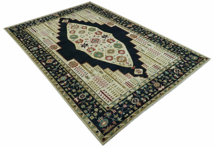 Custom Made Black And Ivory Traditional Serapi Design Hand Knotted Wool Rug - The Rug Decor