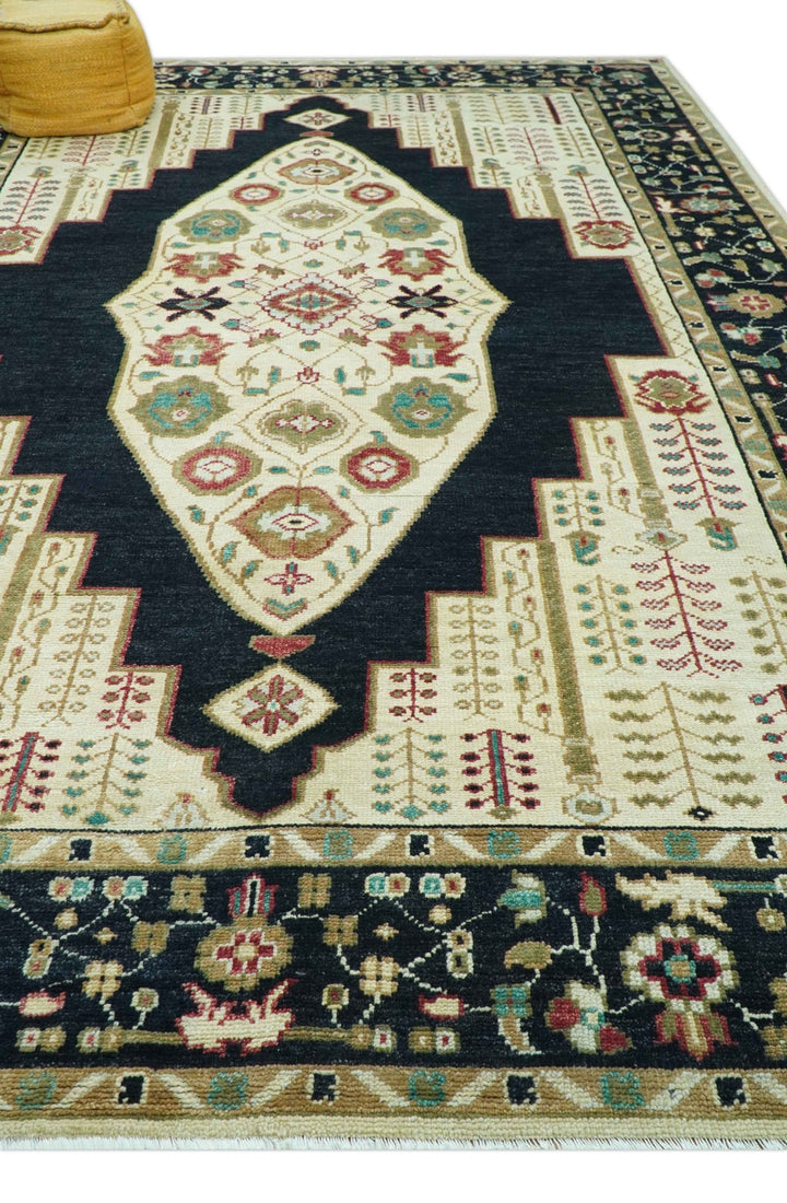 Custom Made Black And Ivory Traditional Serapi Design Hand Knotted Wool Rug - The Rug Decor