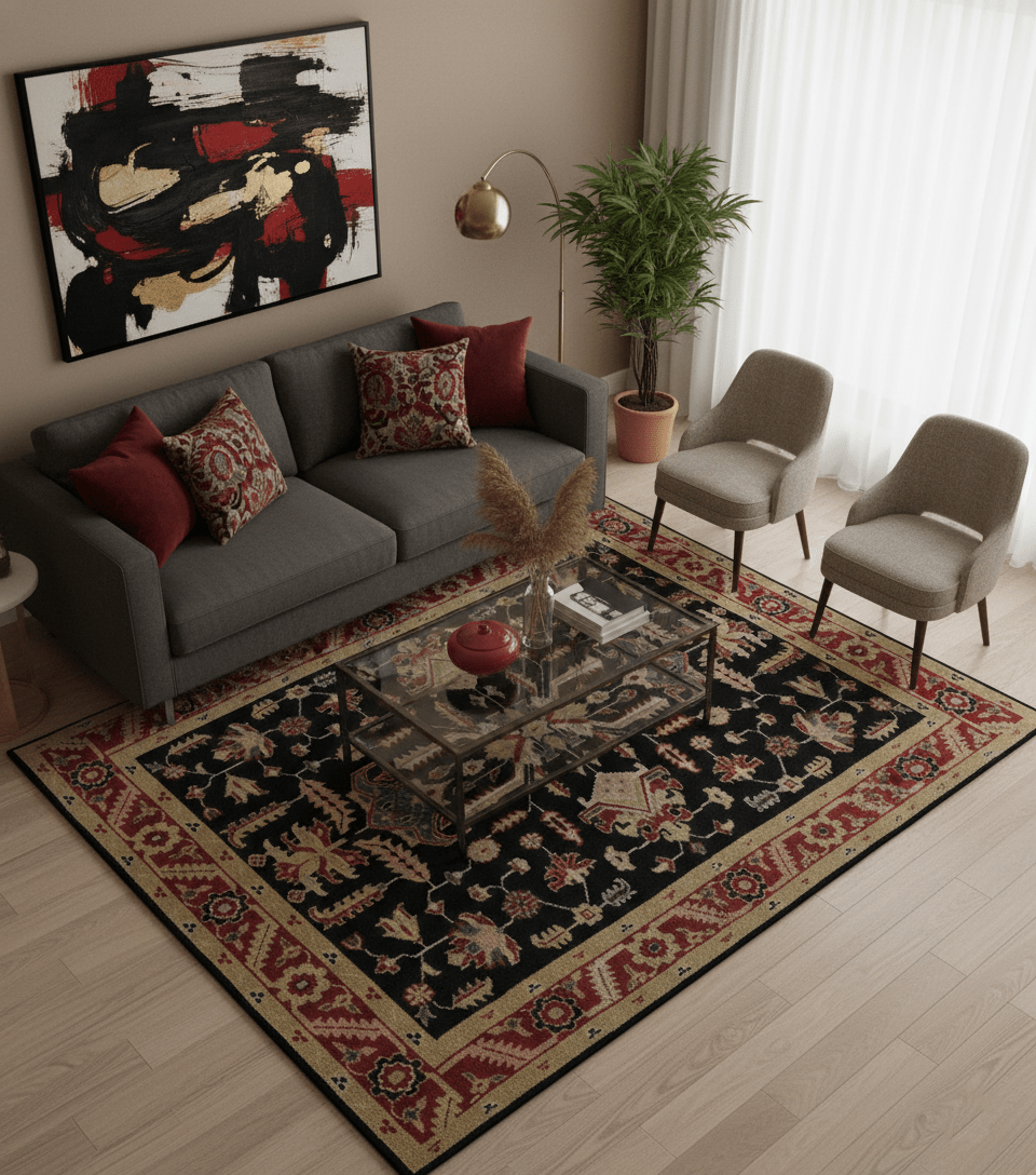 Custom Made Black, Rust, and Olive Traditional Oriental Hand Knotted Wool Area Rug - The Rug Decor