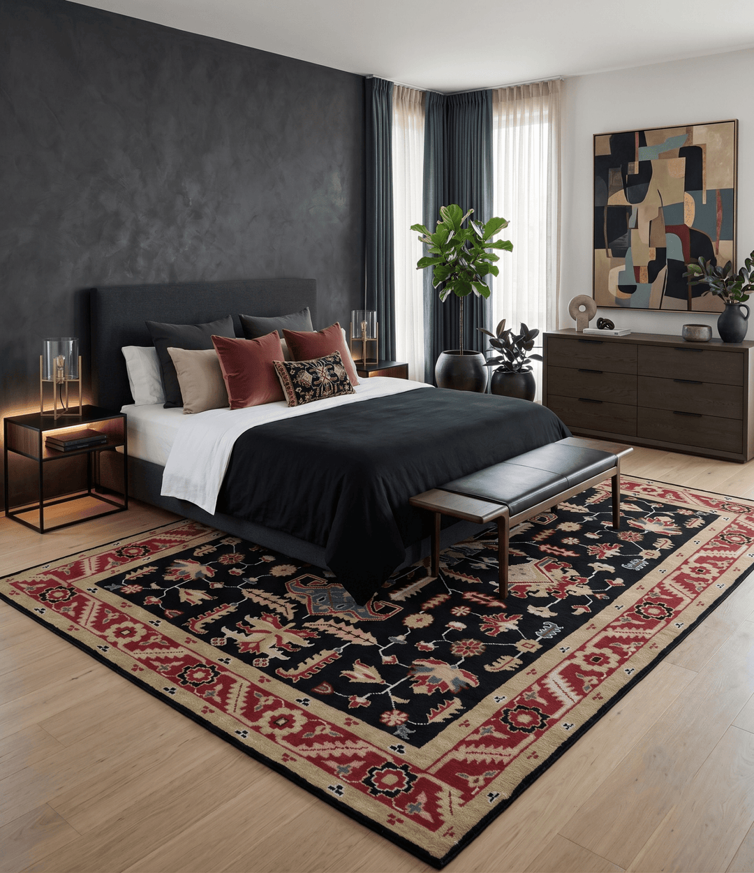 Custom Made Black, Rust, and Olive Traditional Oriental Hand Knotted Wool Area Rug - The Rug Decor