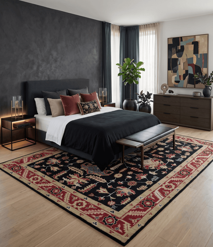 Custom Made Black, Rust, and Olive Traditional Oriental Hand Knotted Wool Area Rug - The Rug Decor