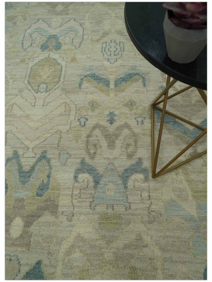 Custom Made Blue And Beige Modern Ikat Design Hand Knotted Wool Area Rug - The Rug Decor
