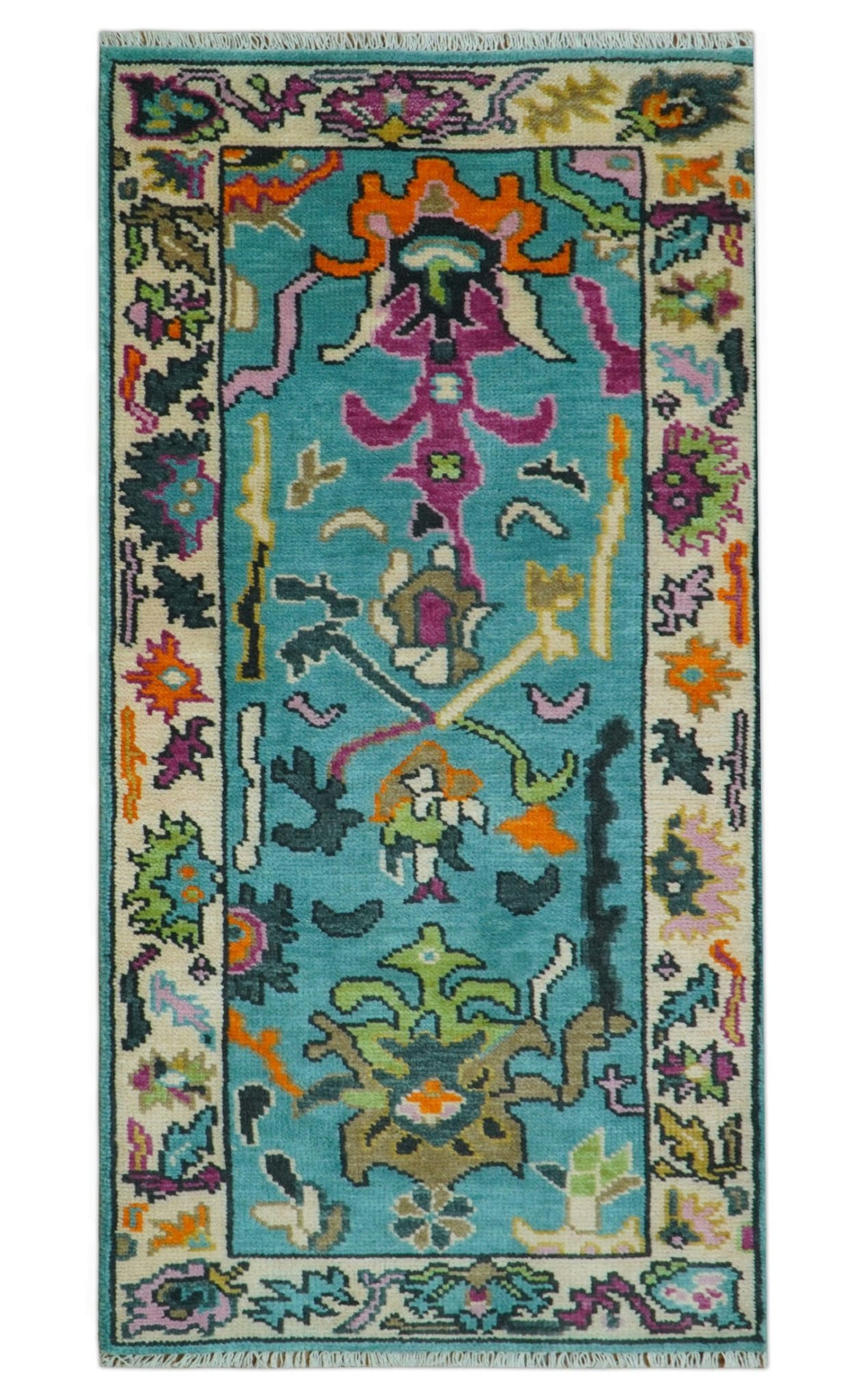 Custom Made Blue And Beige Oushak Hand Knotted Runner Wool Rug - The Rug Decor