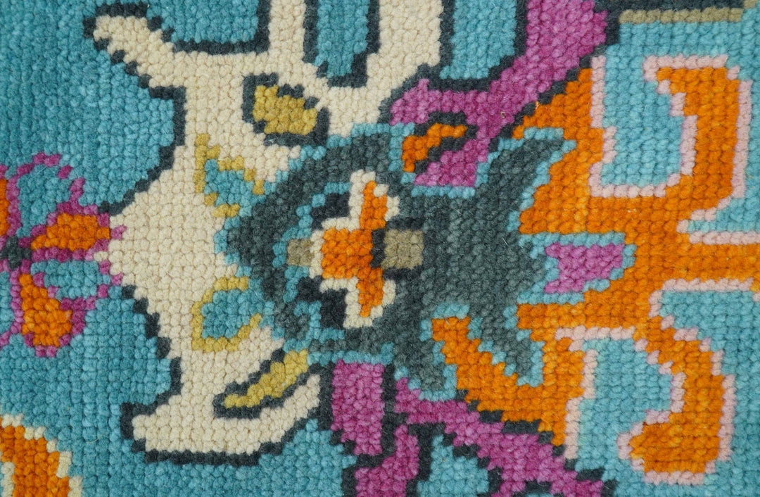 Custom Made Blue And Beige Oushak Hand Knotted Runner Wool Rug - The Rug Decor