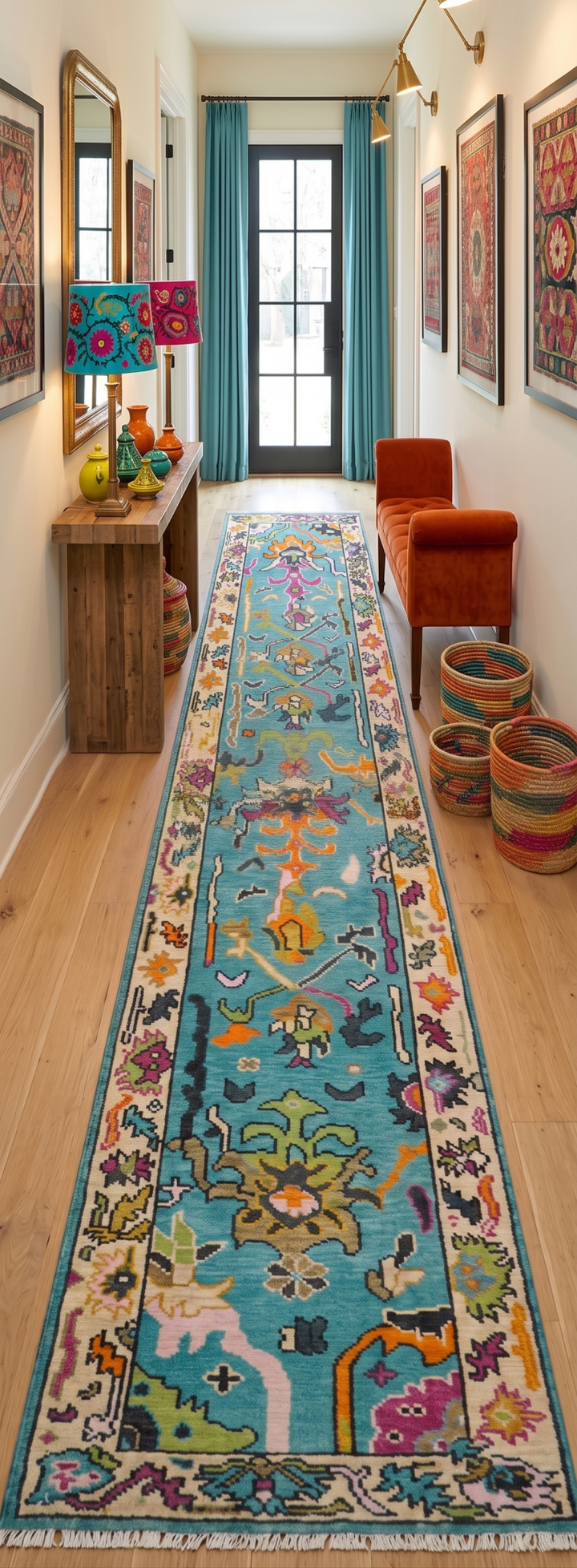 Custom Made Blue And Beige Oushak Hand Knotted Runner Wool Rug - The Rug Decor