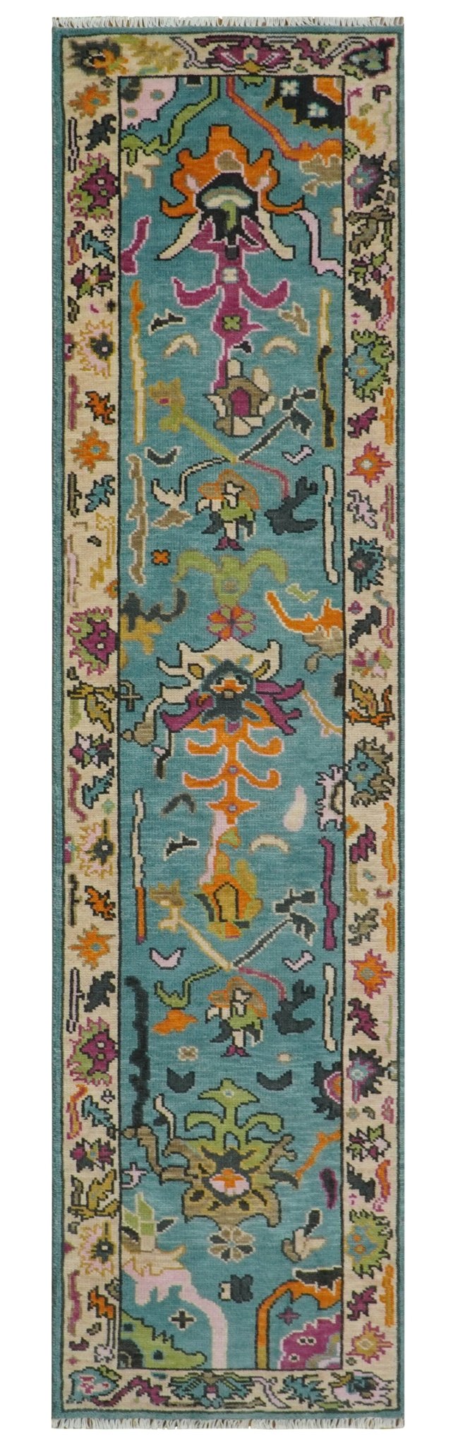Custom Made Blue And Beige Oushak Hand Knotted Runner Wool Rug - The Rug Decor