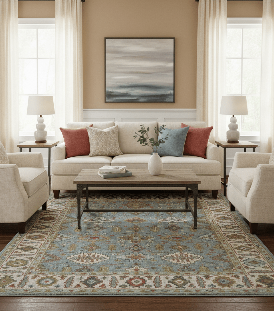 Custom Made Blue And Beige Traditional Hand Knotted Wool Area Rug - The Rug Decor