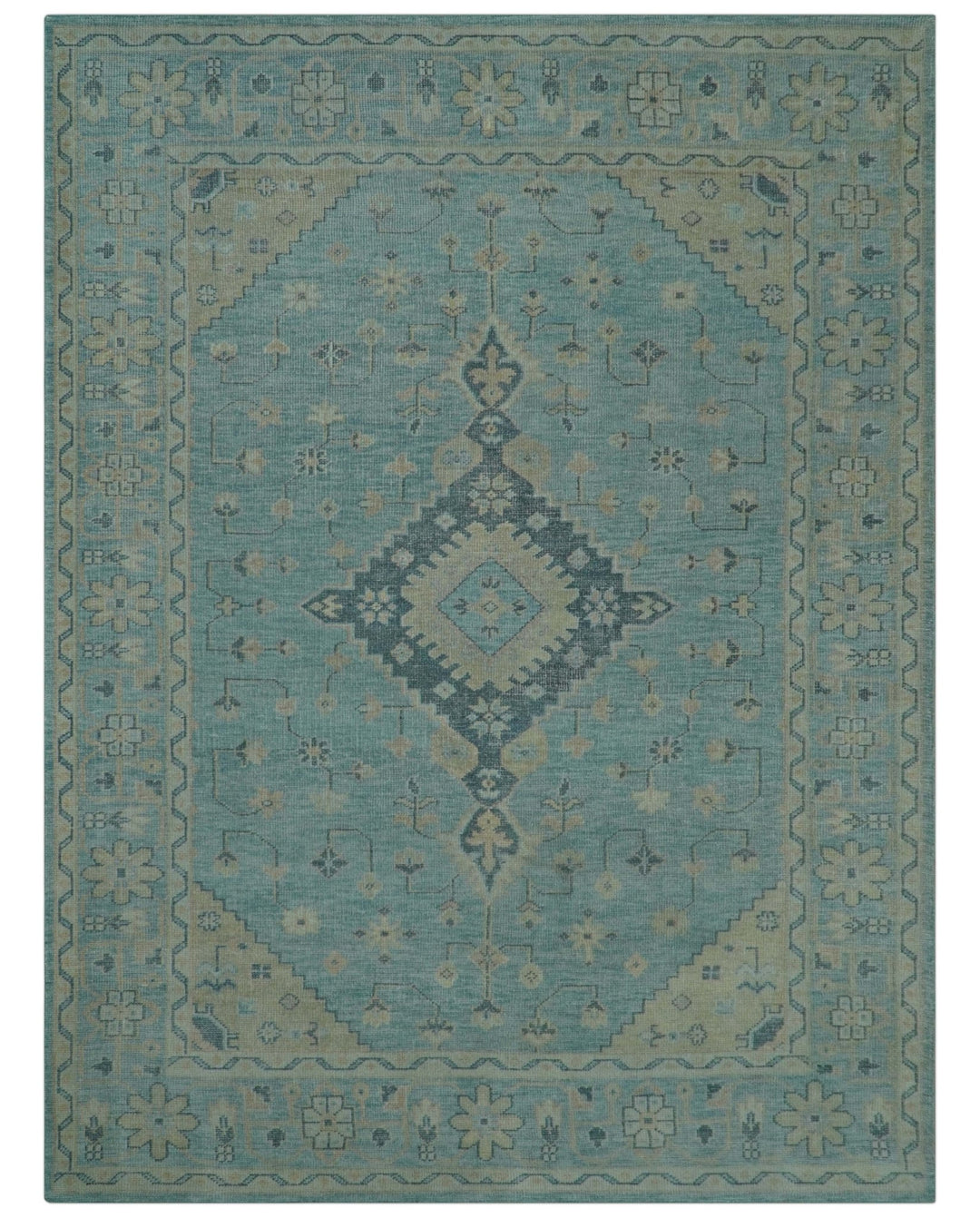 Custom Made Blue And Beige Turkish Design Hand knotted Wool Area Rug - The Rug Decor