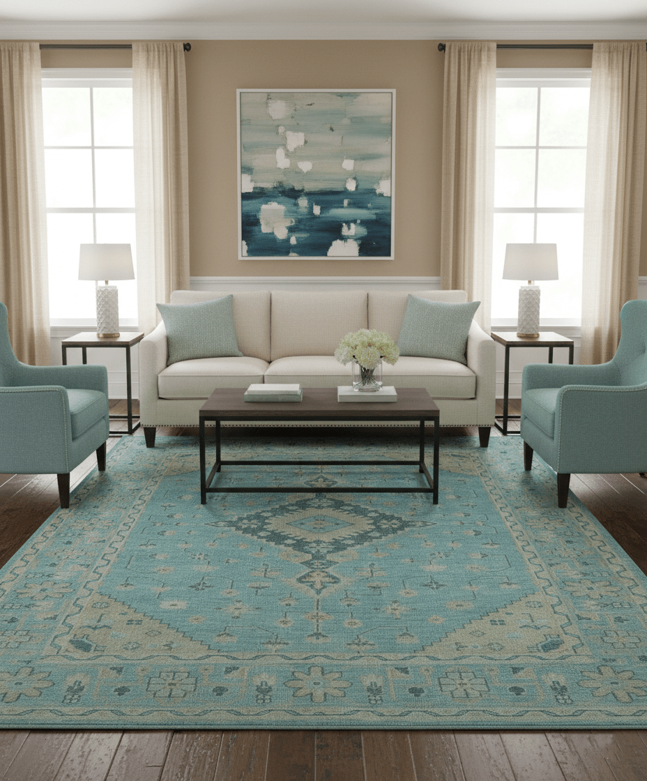 Custom Made Blue And Beige Turkish Design Hand knotted Wool Area Rug - The Rug Decor