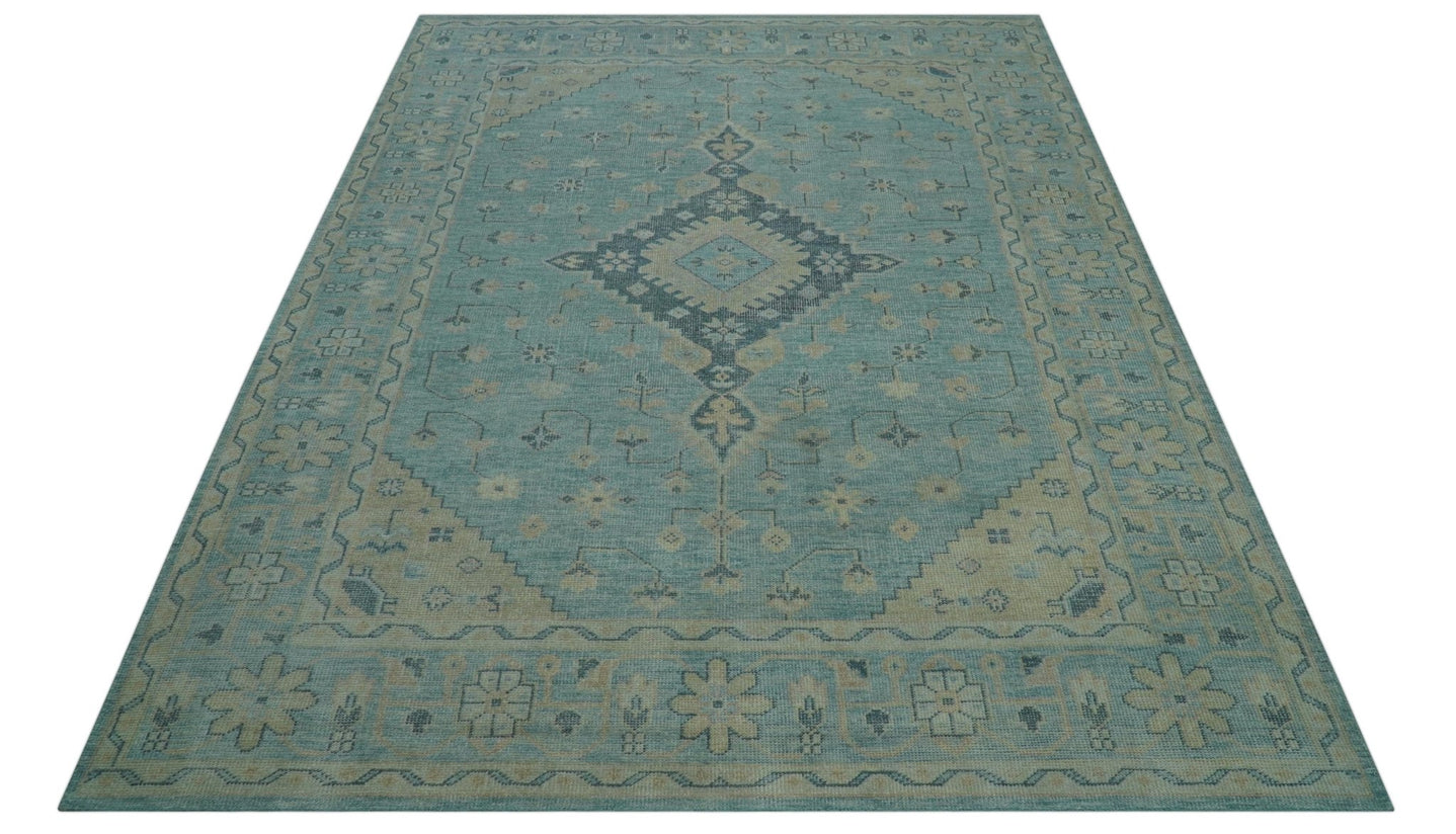 Custom Made Blue And Beige Turkish Design Hand knotted Wool Area Rug - The Rug Decor