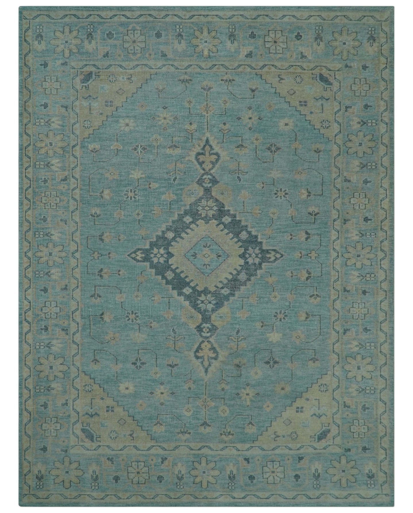 Custom Made Blue And Beige Turkish Design Hand knotted Wool Area Rug - The Rug Decor