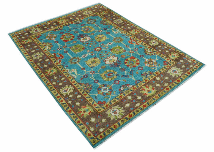 Custom Made Blue And Brown Traditional Floral Hand Knotted Wool Rug - The Rug Decor