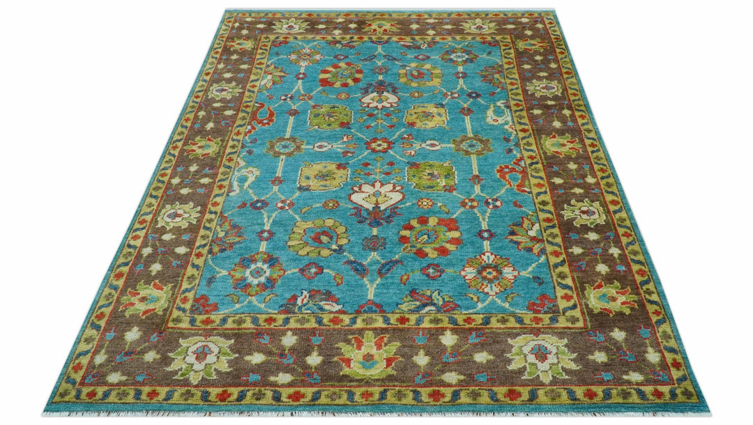 Custom Made Blue And Brown Traditional Floral Hand Knotted Wool Rug - The Rug Decor