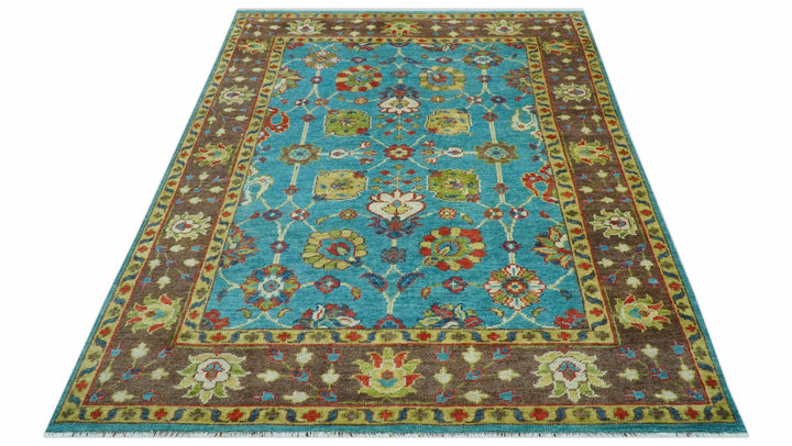 Custom Made Blue And Brown Traditional Floral Hand Knotted Wool Rug - The Rug Decor