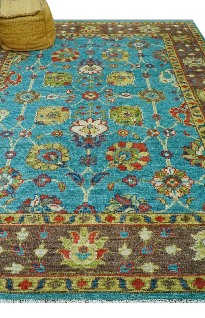 Custom Made Blue And Brown Traditional Floral Hand Knotted Wool Rug - The Rug Decor